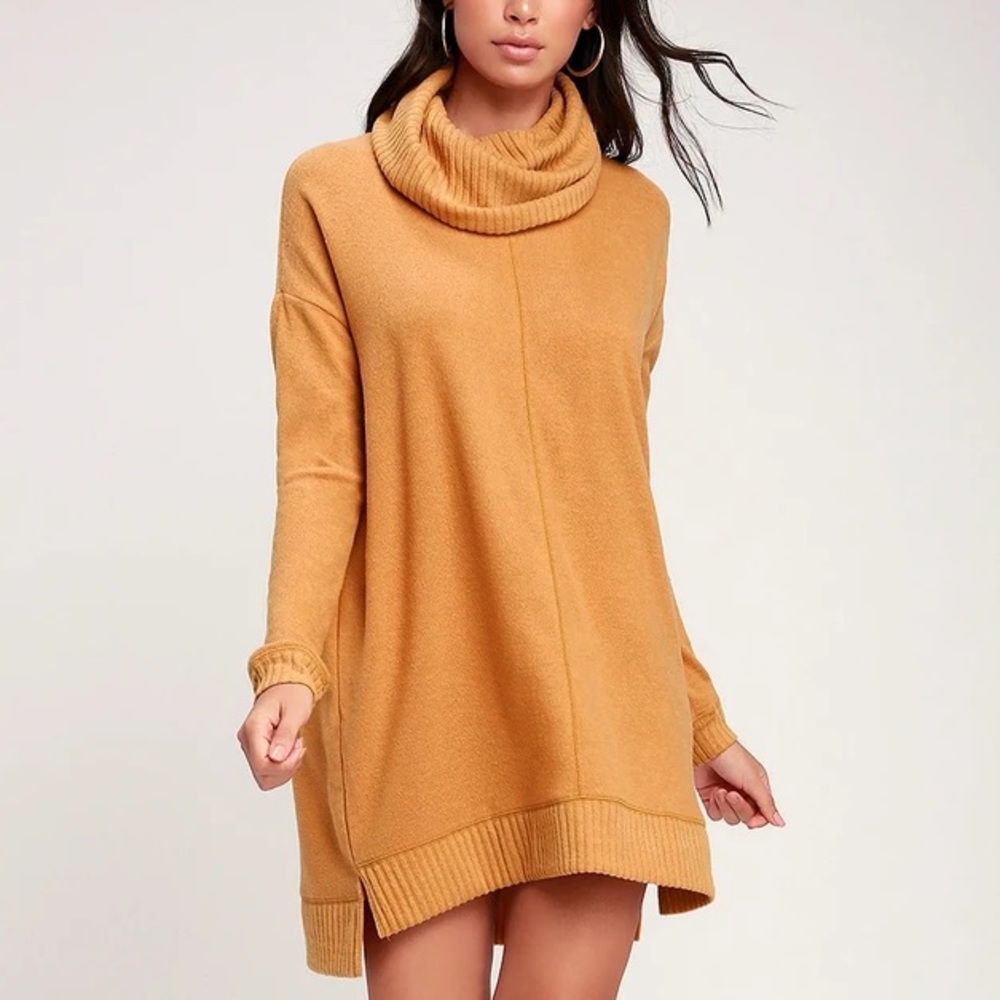 Lulu’s Autumn Daze Camel Cowl Neck Long Sleeve Sweater Dress